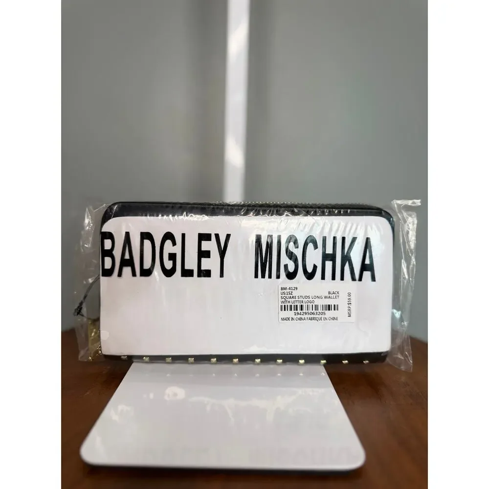 NWT Badgley Mischka Studded Zip Around Wallet Black Gold MSRP $59